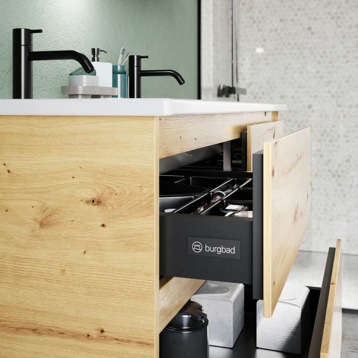 burgbad Lin20 Waschtischunterschrank mit Keramik-Doppelwaschtisch 123 cm, 6 Auszüge