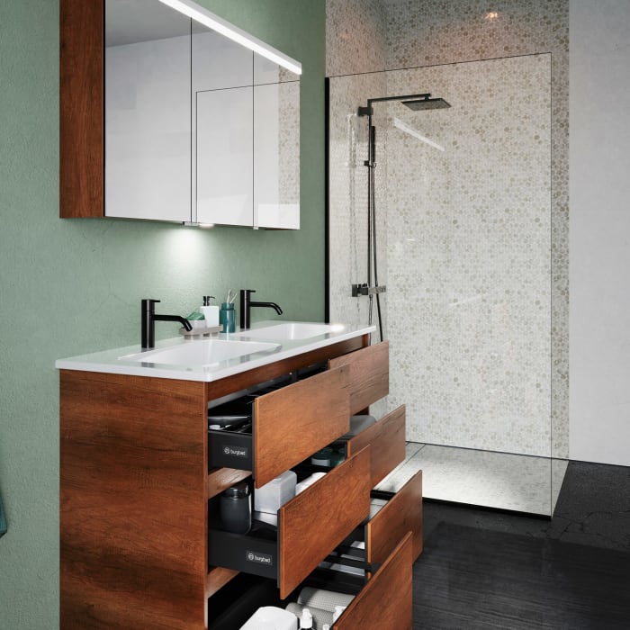 burgbad Lin20 Waschtischunterschrank mit Keramik-Doppelwaschtisch 123 cm, 6 Auszüge