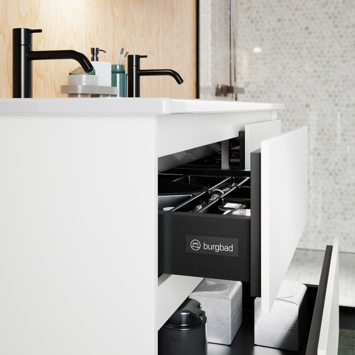 burgbad Lin20 Waschtischunterschrank mit Keramik-Doppelwaschtisch 123 cm, 6 Auszüge