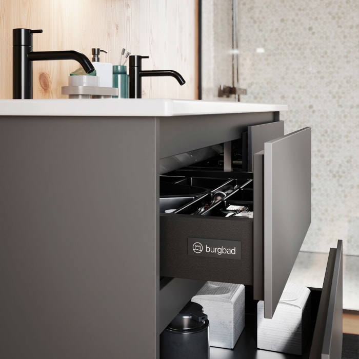 burgbad Lin20 Waschtischunterschrank mit Keramik-Doppelwaschtisch 123 cm, 6 Auszüge