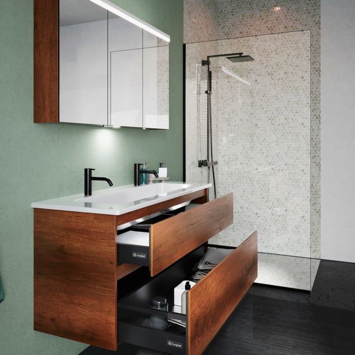 burgbad Lin20 Waschtischunterschrank mit Keramik-Waschtisch 123 cm, 2 Auszüge