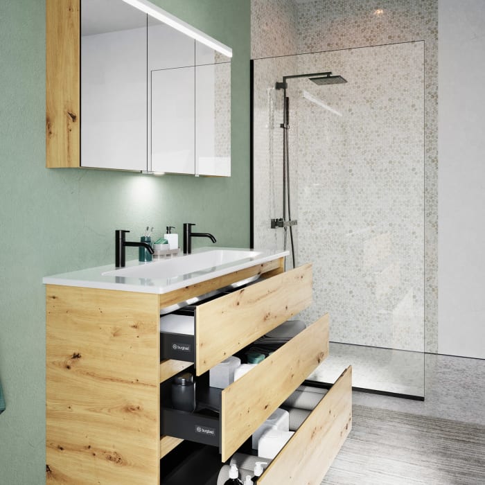 burgbad Lin20 Waschtischunterschrank mit Keramik-Waschtisch 123 cm, 3 Auszüge