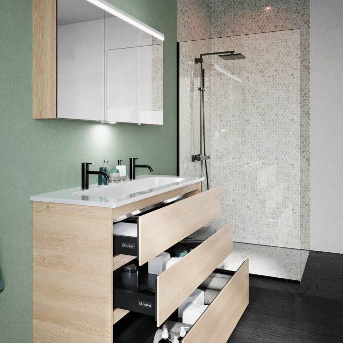 burgbad Lin20 Waschtischunterschrank mit Keramik-Waschtisch 123 cm, 3 Auszüge