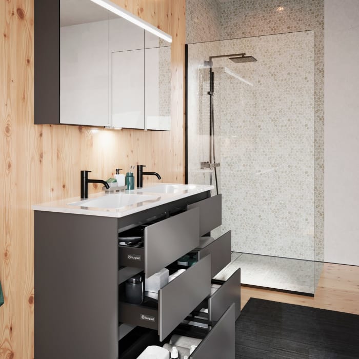 burgbad Lin20 Waschtischunterschrank mit Keramik-Doppelwaschtisch 123 cm, 6 Auszüge