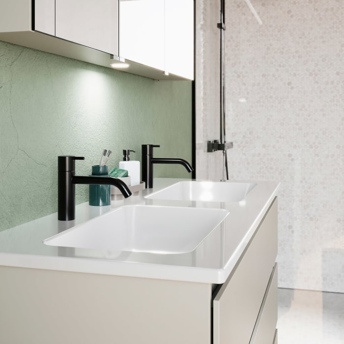 burgbad Lin20 Waschtischunterschrank mit Keramik-Doppelwaschtisch 123 cm, 3 Auszüge