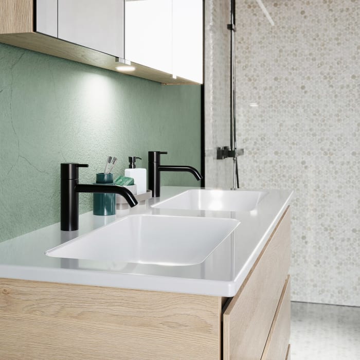 burgbad Lin20 Waschtischunterschrank mit Keramik-Doppelwaschtisch 123 cm, 3 Auszüge