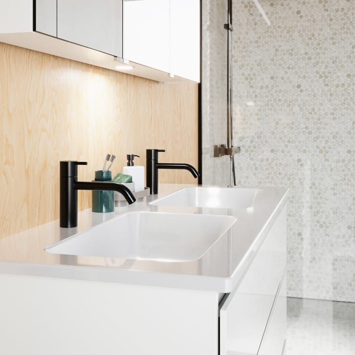 burgbad Lin20 Waschtischunterschrank mit Keramik-Doppelwaschtisch 123 cm, 3 Auszüge