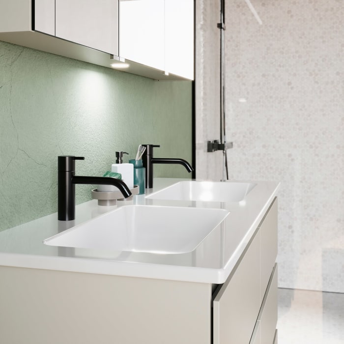 burgbad Lin20 Waschtischunterschrank mit Keramik-Doppelwaschtisch 123 cm, 6 Auszüge