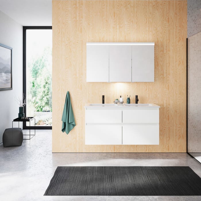 burgbad Lin20 Waschtischunterschrank mit Keramik-Doppelwaschtisch 123 cm, 4 Auszüge