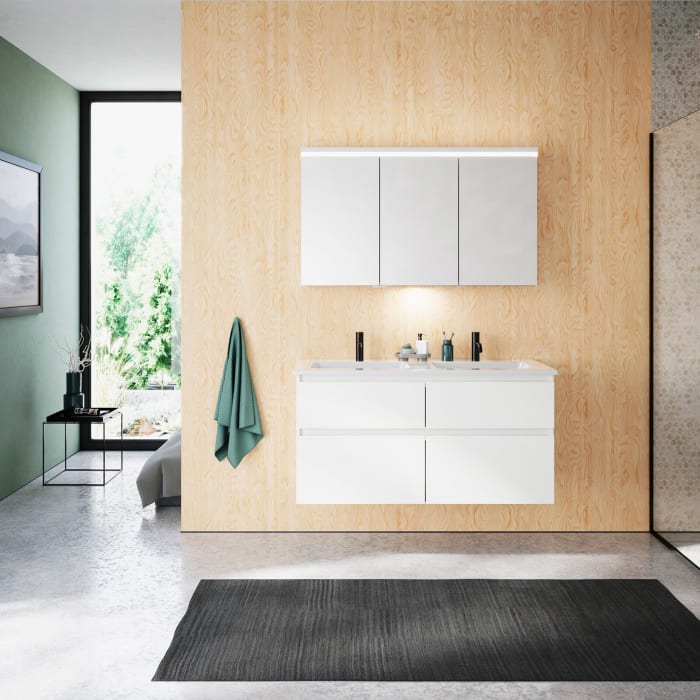 burgbad Lin20 Waschtischunterschrank mit Keramik-Doppelwaschtisch 123 cm, 4 Auszüge