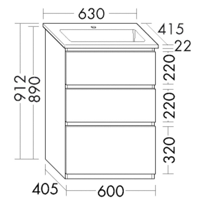 burgbad Lin20 Waschtischunterschrank mit Keramik-Waschtisch 63 cm, 3 Auszüge