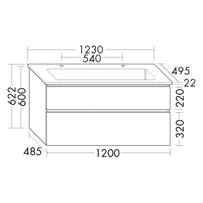 burgbad Lin20 Waschtischunterschrank mit Keramik-Waschtisch 123 cm, 2 Auszüge