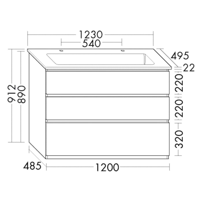 burgbad Lin20 Waschtischunterschrank mit Keramik-Waschtisch 123 cm, 3 Auszüge