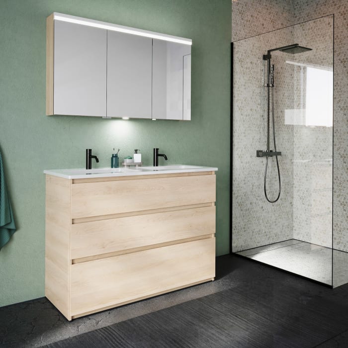 burgbad Lin20 Waschtischunterschrank mit Keramik-Doppelwaschtisch 123 cm, 3 Auszüge