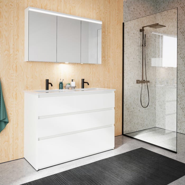 burgbad Lin20 Waschtischunterschrank mit Keramik-Doppelwaschtisch 123 cm, 3 Auszüge