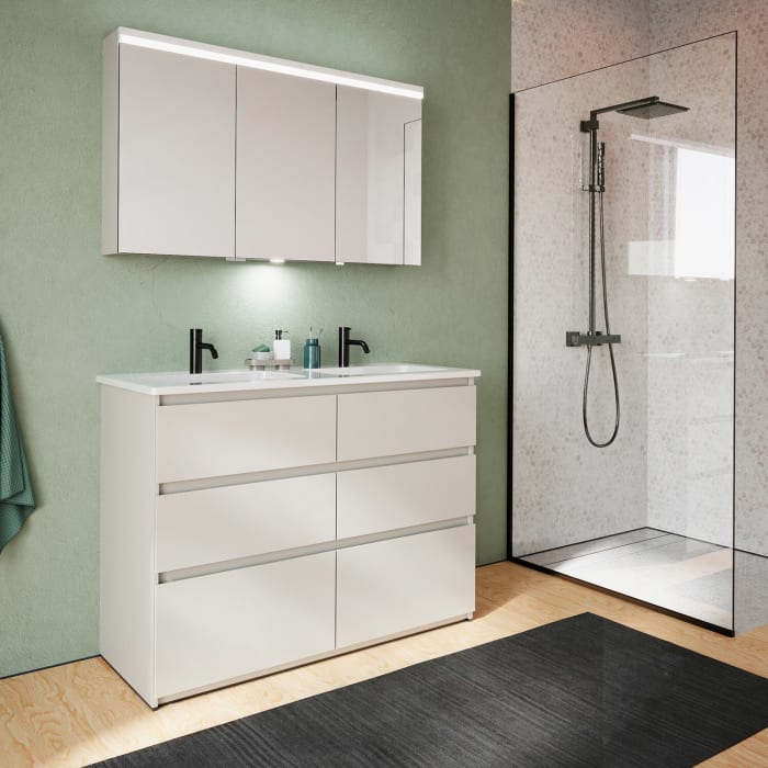 burgbad Lin20 Waschtischunterschrank mit Keramik-Doppelwaschtisch 123 cm, 6 Auszüge