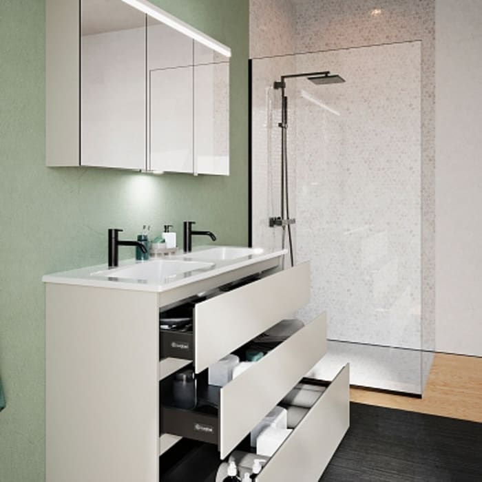 burgbad Lin20 Waschtischunterschrank mit Keramik-Doppelwaschtisch 123 cm, 3 Auszüge