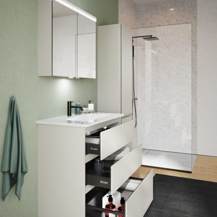 burgbad Lin20 Waschtischunterschrank mit Keramik-Waschtisch 83 cm, 3 Auszüge