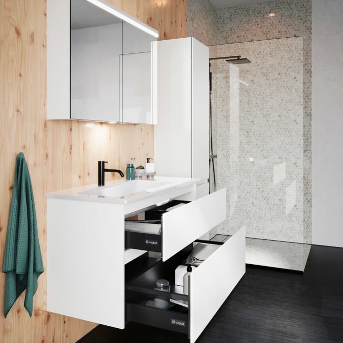 burgbad Lin20 Waschtischunterschrank mit Keramik-Waschtisch 103 cm, 2 Auszüge, links