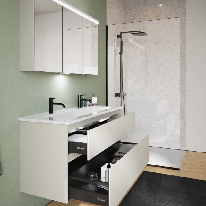 burgbad Lin20 Waschtischunterschrank mit Keramik-Waschtisch 123 cm, 2 Auszüge