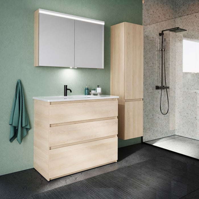 burgbad Lin20 Waschtischunterschrank mit Keramik-Waschtisch 103 cm, 3 Auszüge, links