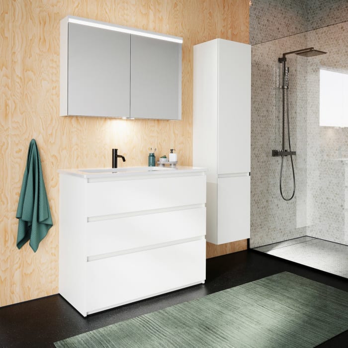 burgbad Lin20 Waschtischunterschrank mit Keramik-Waschtisch 103 cm, 3 Auszüge, links