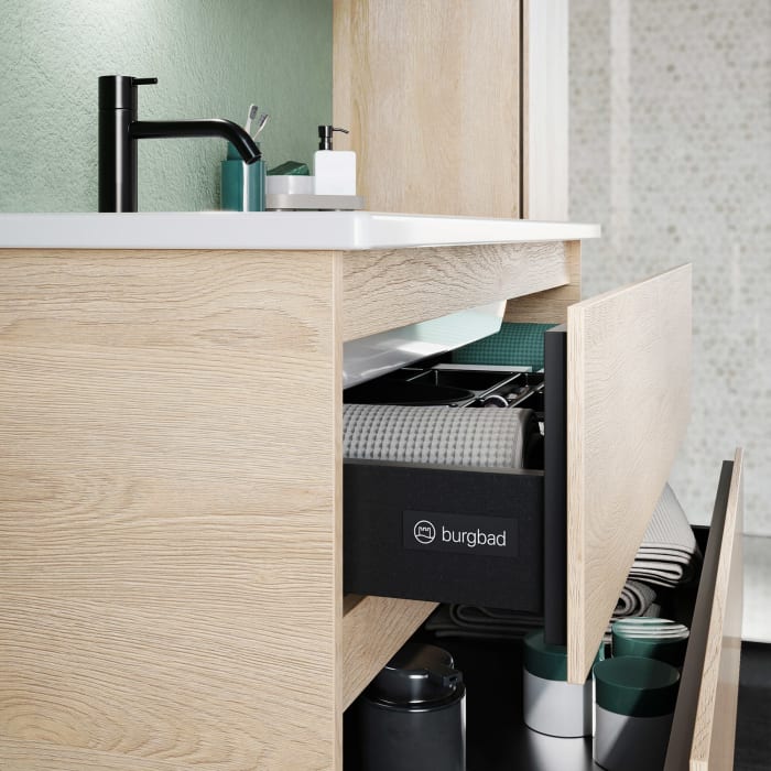 burgbad Lin20 Waschtischunterschrank mit Keramik-Waschtisch 103 cm, 3 Auszüge, links