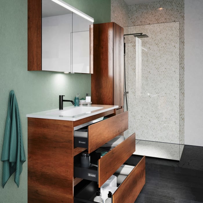 burgbad Lin20 Waschtischunterschrank mit Keramik-Waschtisch 103 cm, 3 Auszüge, links