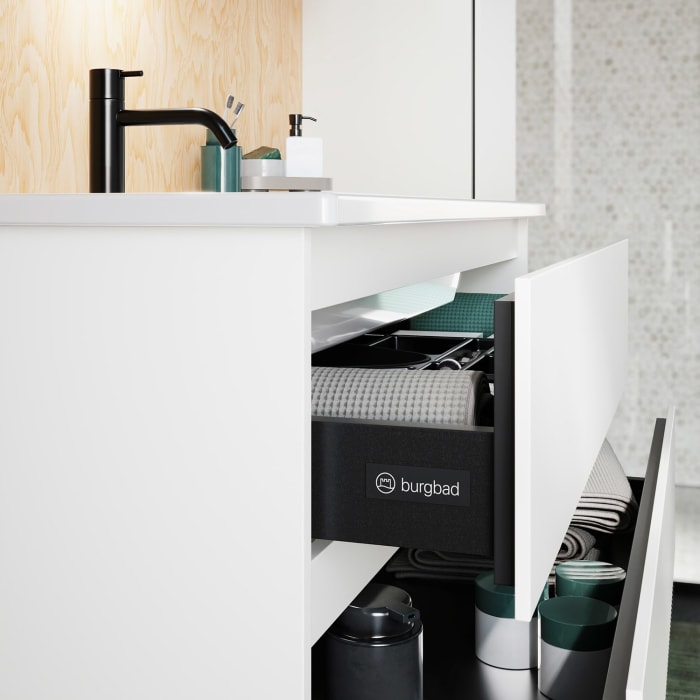 burgbad Lin20 Waschtischunterschrank mit Keramik-Waschtisch 103 cm, 3 Auszüge, links