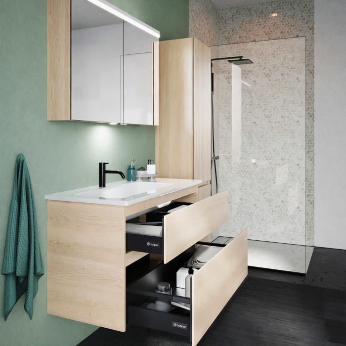 burgbad Lin20 Waschtischunterschrank mit Keramik-Waschtisch 103 cm, 2 Auszüge, links