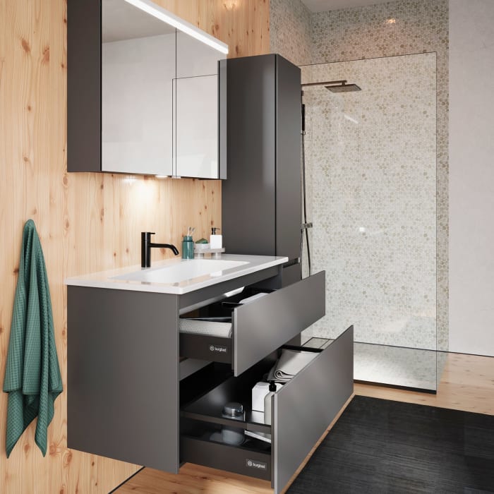 burgbad Lin20 Waschtischunterschrank mit Keramik-Waschtisch 103 cm, 2 Auszüge, links