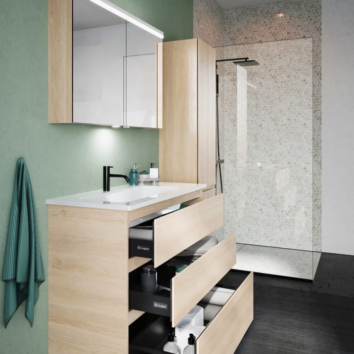 burgbad Lin20 Waschtischunterschrank mit Keramik-Waschtisch 103 cm, 3 Auszüge, links