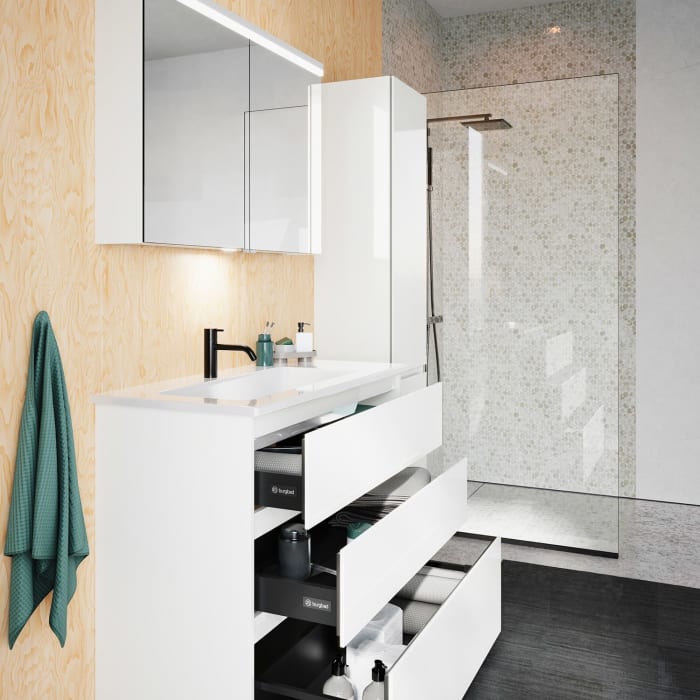 burgbad Lin20 Waschtischunterschrank mit Keramik-Waschtisch 103 cm, 3 Auszüge, links