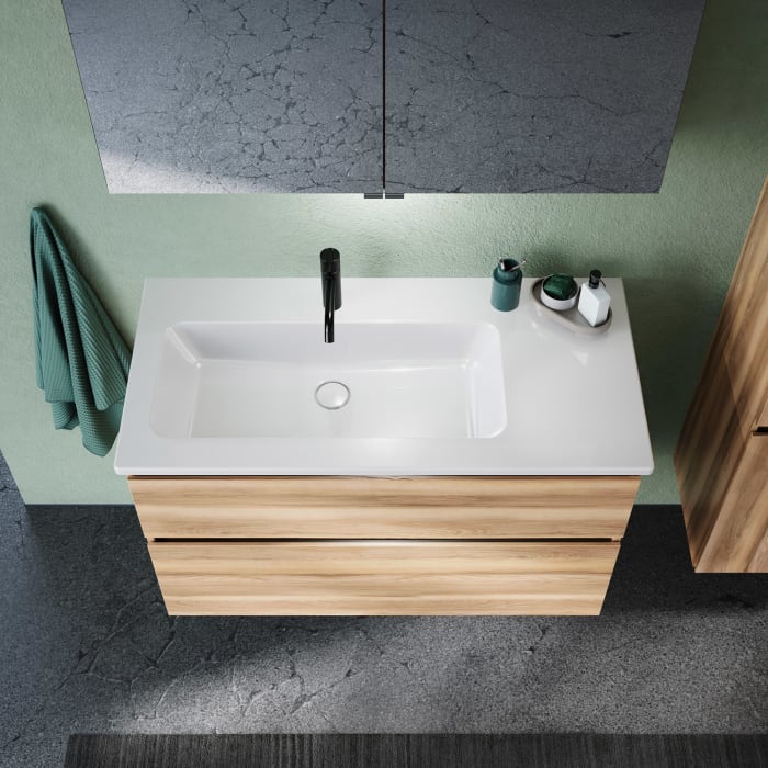 burgbad Lin20 Waschtischunterschrank mit Keramik-Waschtisch 103 cm, 2 Auszüge, links