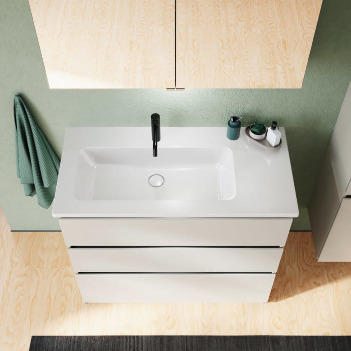 burgbad Lin20 Waschtischunterschrank mit Keramik-Waschtisch 103 cm, 3 Auszüge, links