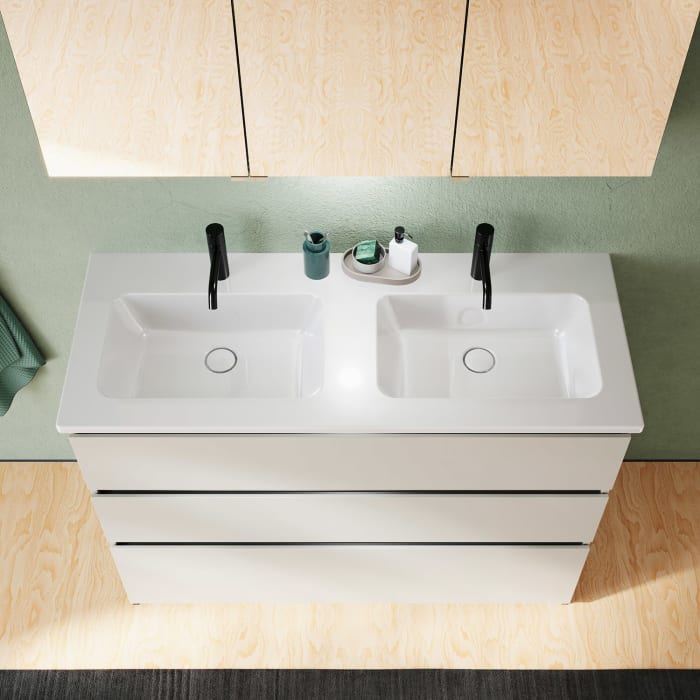 burgbad Lin20 Waschtischunterschrank mit Keramik-Doppelwaschtisch 123 cm, 3 Auszüge