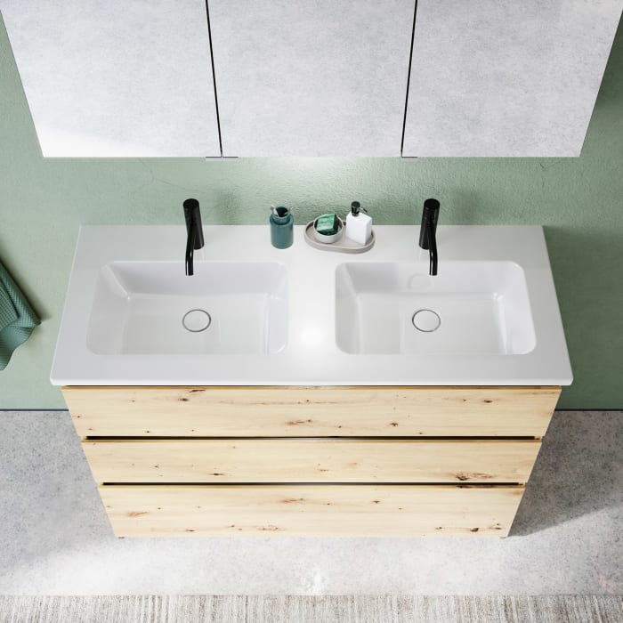 burgbad Lin20 Waschtischunterschrank mit Keramik-Doppelwaschtisch 123 cm, 3 Auszüge