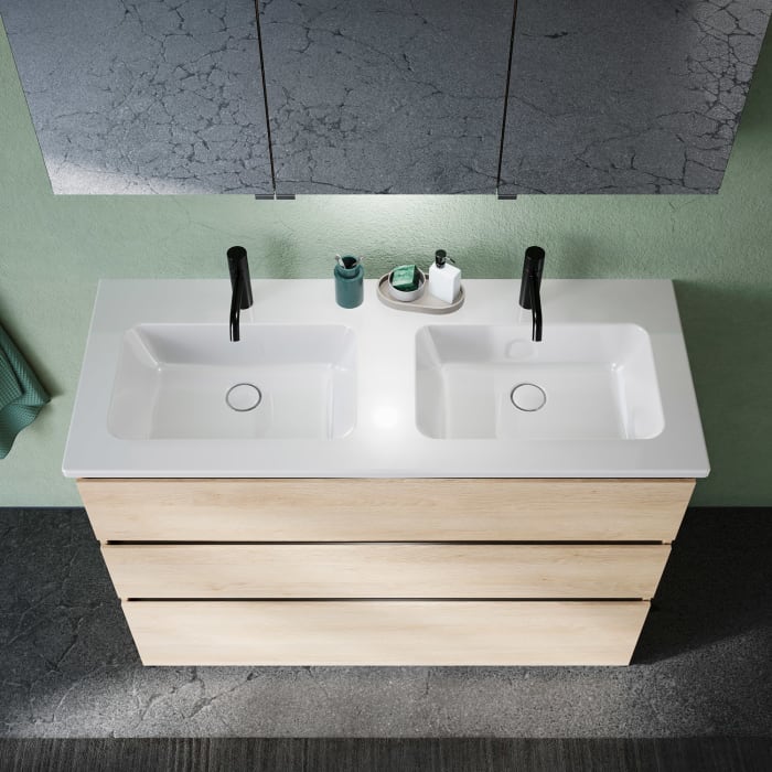 burgbad Lin20 Waschtischunterschrank mit Keramik-Doppelwaschtisch 123 cm, 3 Auszüge