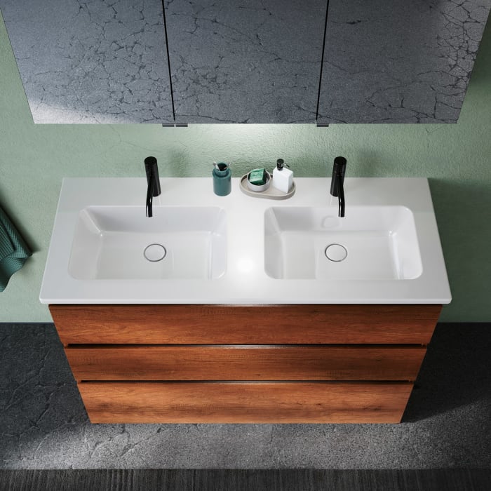 burgbad Lin20 Waschtischunterschrank mit Keramik-Doppelwaschtisch 123 cm, 3 Auszüge