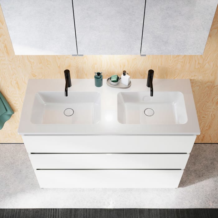 burgbad Lin20 Waschtischunterschrank mit Keramik-Doppelwaschtisch 123 cm, 3 Auszüge