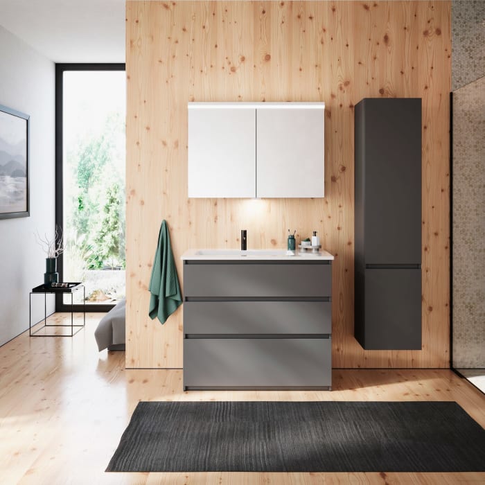 burgbad Lin20 Waschtischunterschrank mit Keramik-Waschtisch 103 cm, 3 Auszüge, links