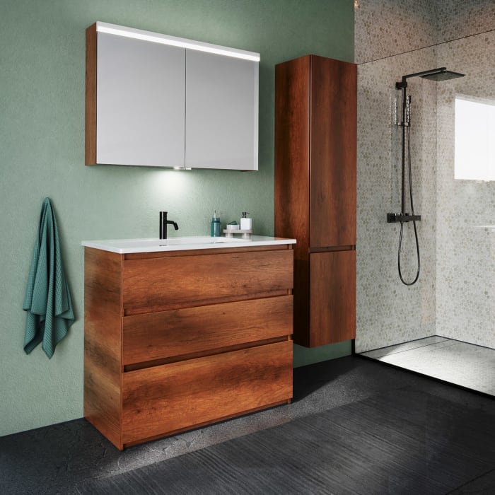 burgbad Lin20 Waschtischunterschrank mit Keramik-Waschtisch 103 cm, 3 Auszüge, links