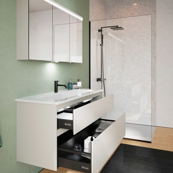 burgbad Lin20 Waschtischunterschrank mit Keramik-Waschtisch 123 cm, 2 Auszüge