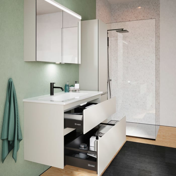 burgbad Lin20 Waschtischunterschrank mit Keramik-Waschtisch 103 cm, 2 Auszüge, links