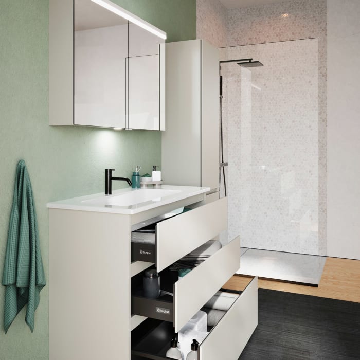 burgbad Lin20 Waschtischunterschrank mit Keramik-Waschtisch 103 cm, 3 Auszüge, links