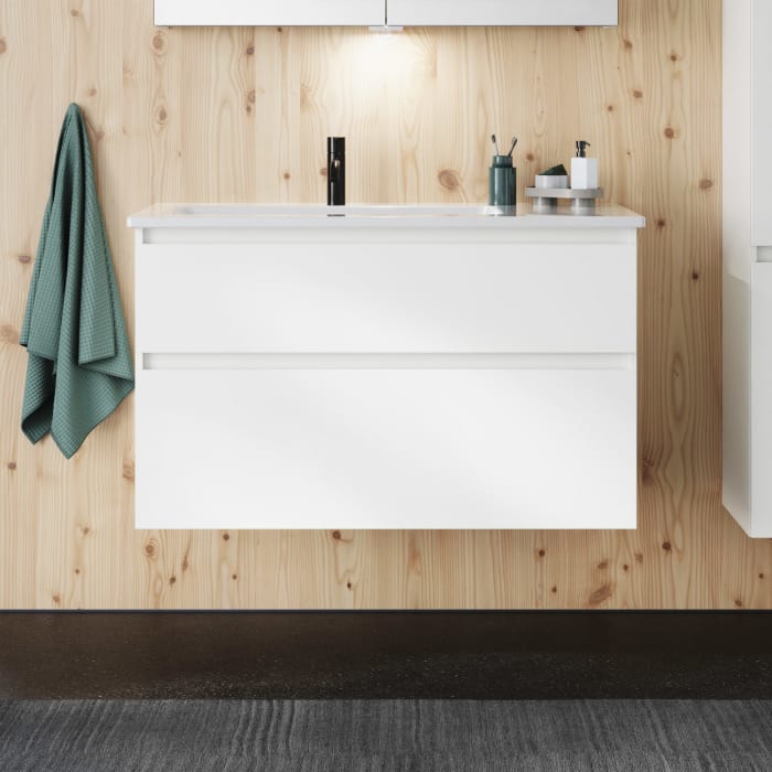 burgbad Lin20 Waschtischunterschrank mit Keramik-Waschtisch 103 cm, 2 Auszüge, links