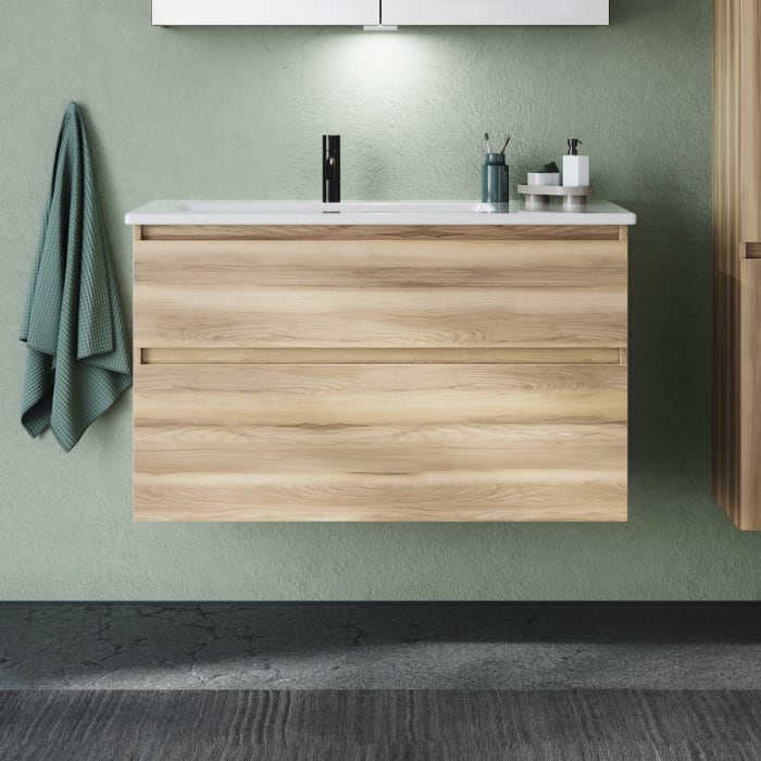 burgbad Lin20 Waschtischunterschrank mit Keramik-Waschtisch 103 cm, 2 Auszüge, links