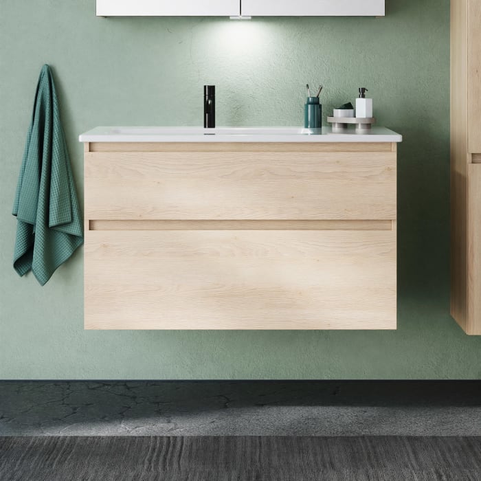 burgbad Lin20 Waschtischunterschrank mit Keramik-Waschtisch 103 cm, 2 Auszüge, links