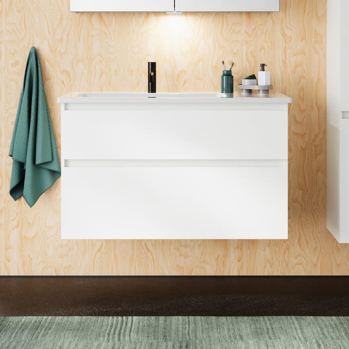 burgbad Lin20 Waschtischunterschrank mit Keramik-Waschtisch 103 cm, 2 Auszüge, links