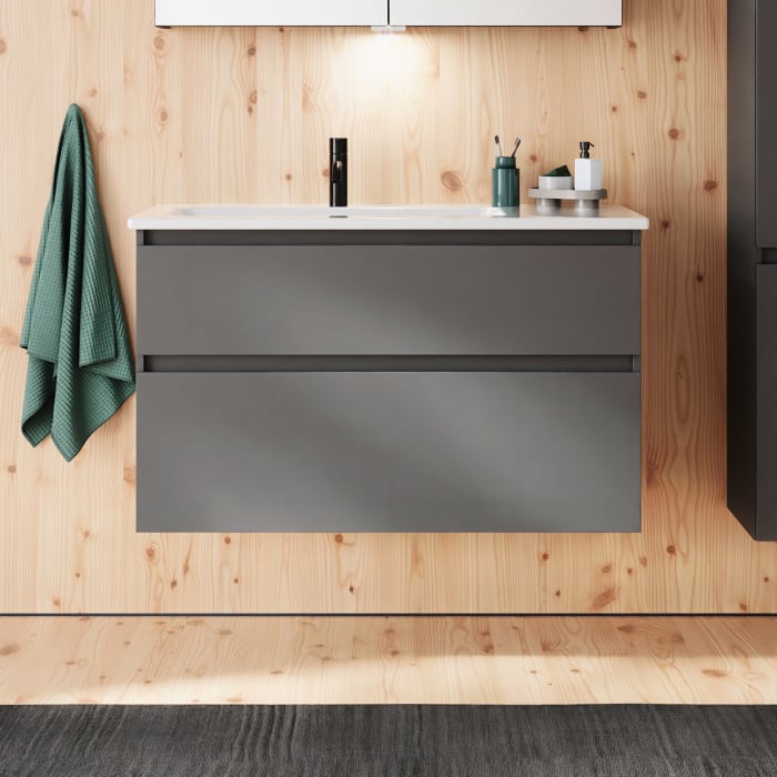 burgbad Lin20 Waschtischunterschrank mit Keramik-Waschtisch 103 cm, 2 Auszüge, links